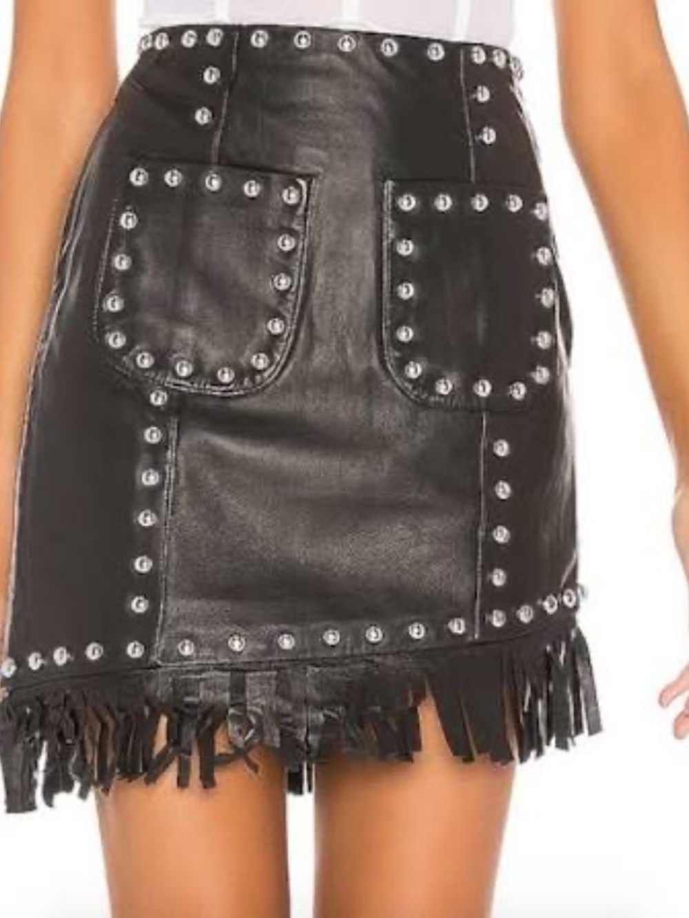NBD x REVOLVE Laeticia Black Leather Studded Fringe Mini Skirt Sz XS NWT